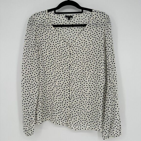 Talbots Womens Button Up Blouse Top Size 10 Navy White Polka Dots Classic Career - Picture 1 of 8